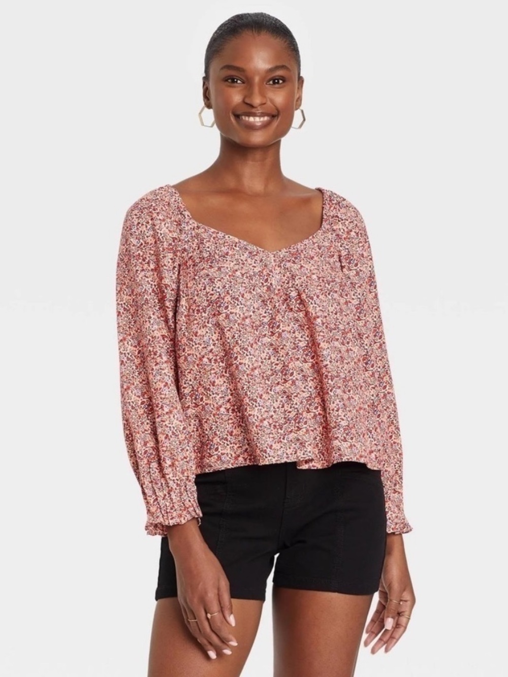 Pink Floral Balloon Sleeve Blouse Romantic Top Boho Peasant Top Cottagecore Top